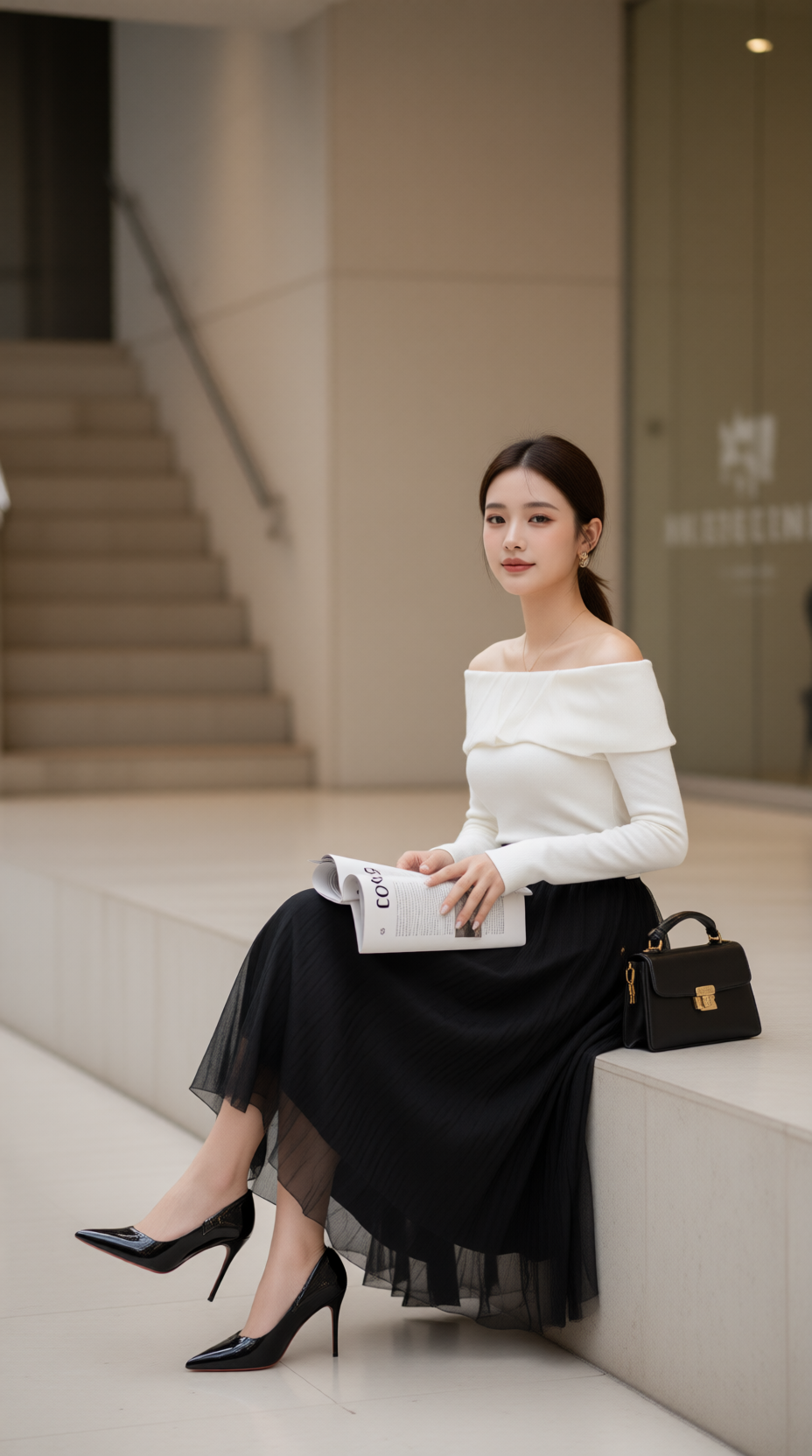 Áo len trễ vai 25608 Kem