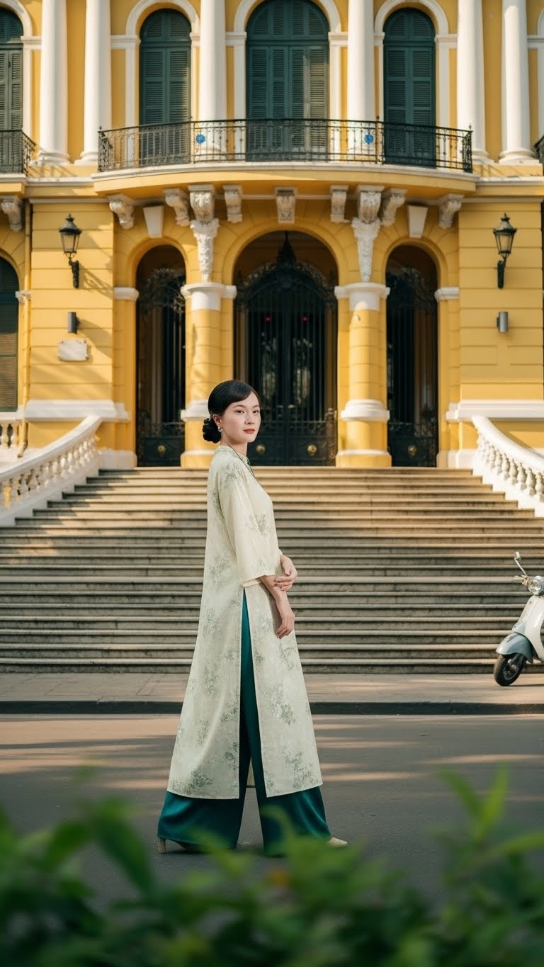 Áo dài kem quần xanh TRALI 25901