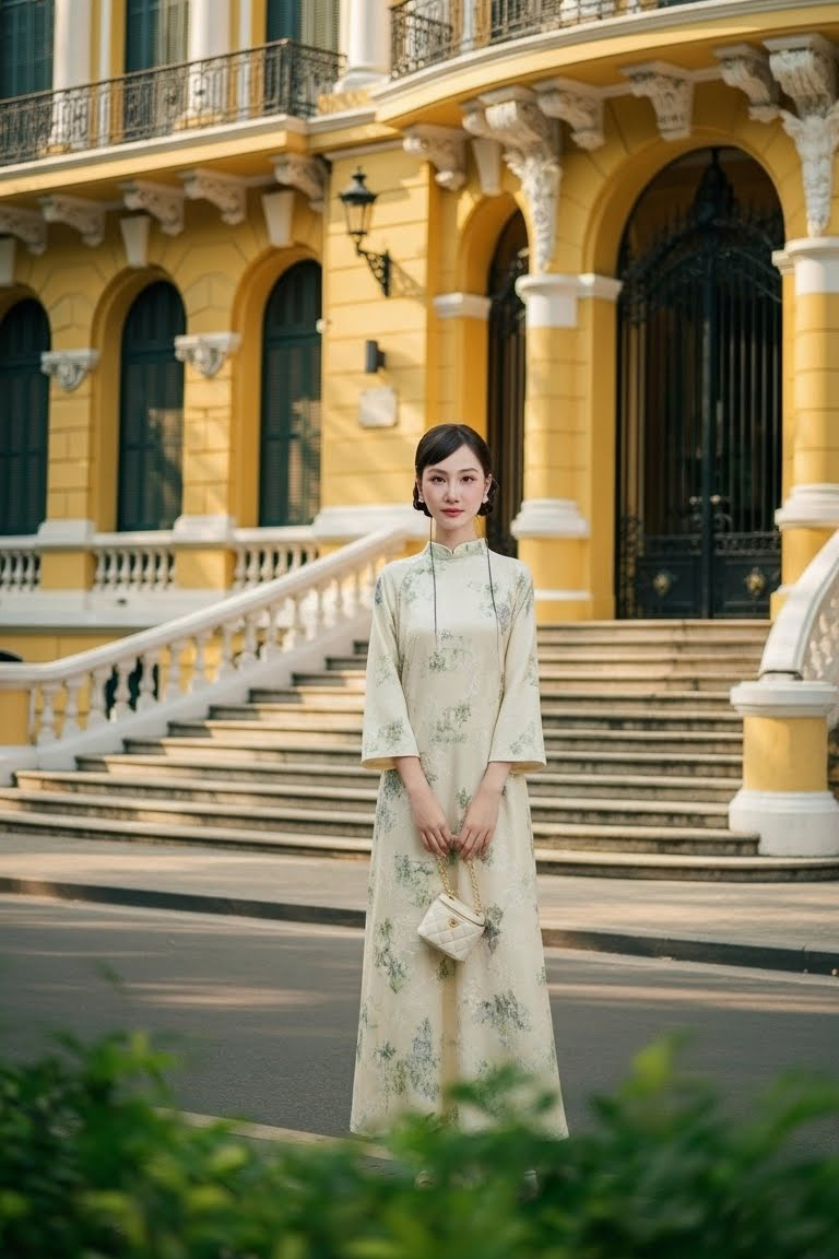 Áo dài kem quần xanh TRALI 25901