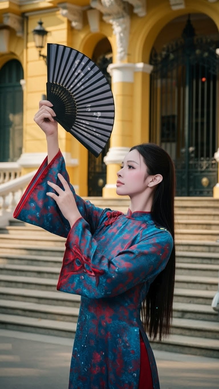 Áo dài lụa xanh dương quần đỏ TRALI 25903