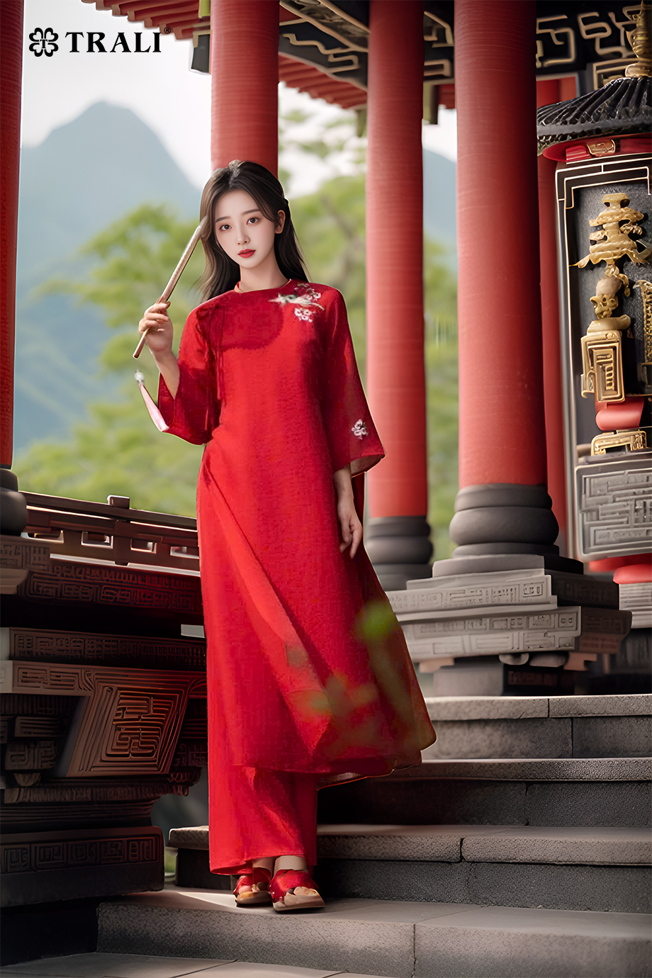 Áo Dài Nữ TRALI 24223 Thêu Hoa Nơ Vai