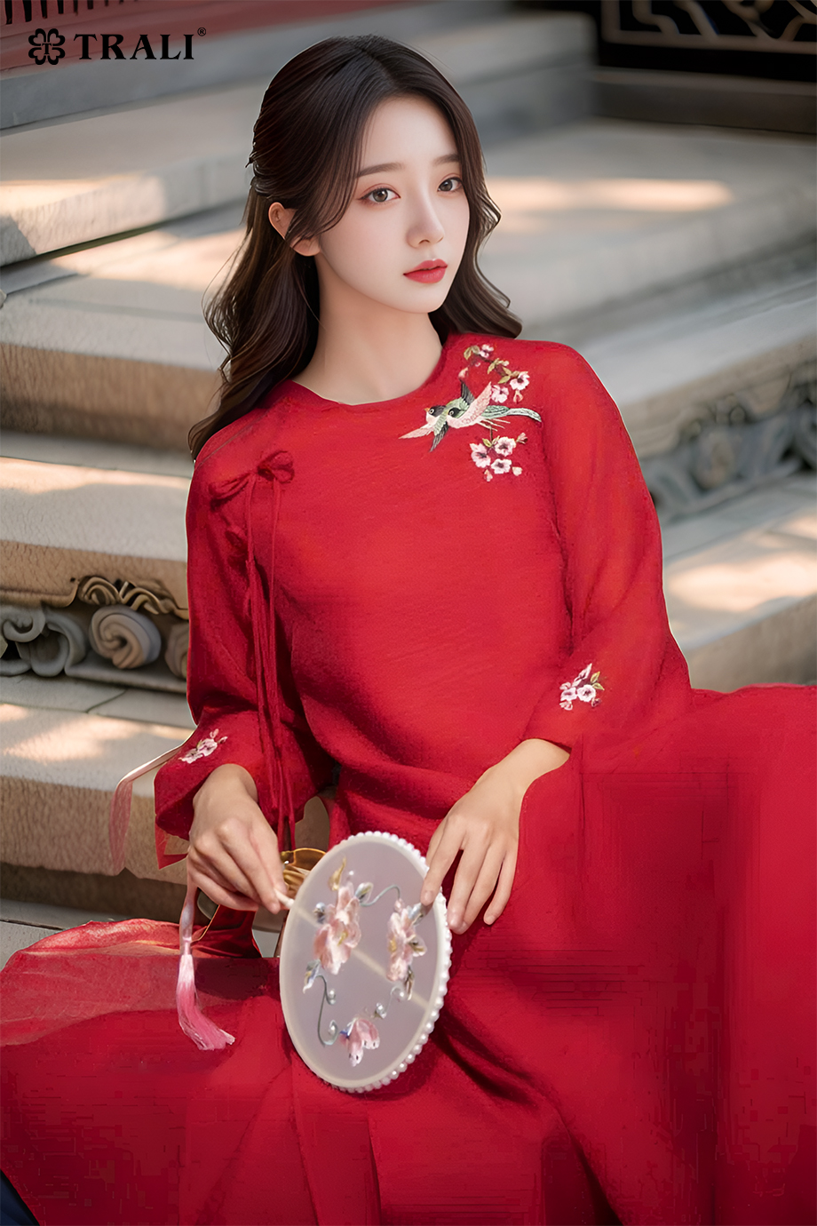 Áo Dài Nữ TRALI 24223 Thêu Hoa Nơ Vai