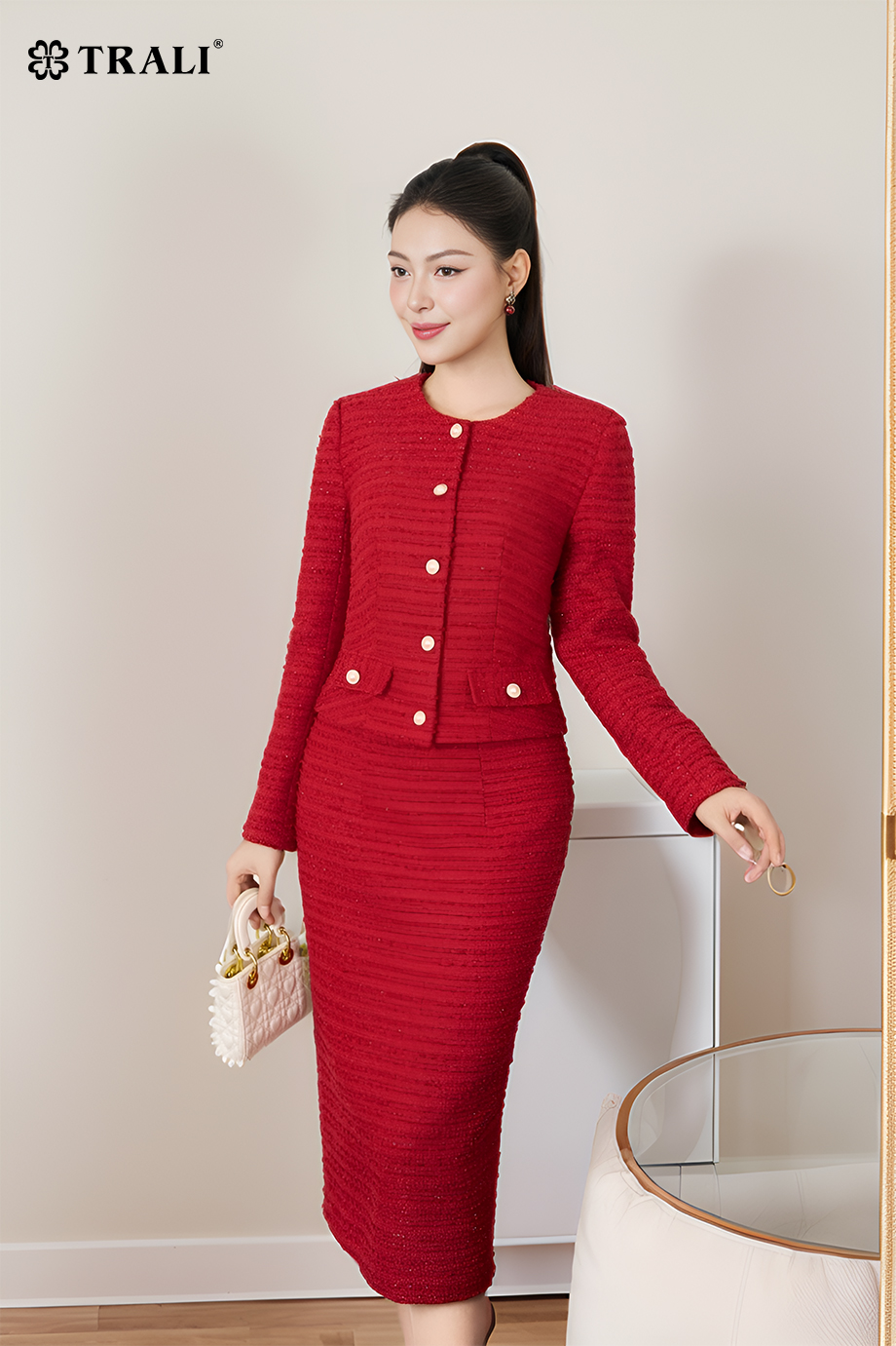 Bộ váy nữ TRALI 24510 dạ tweed đỏ