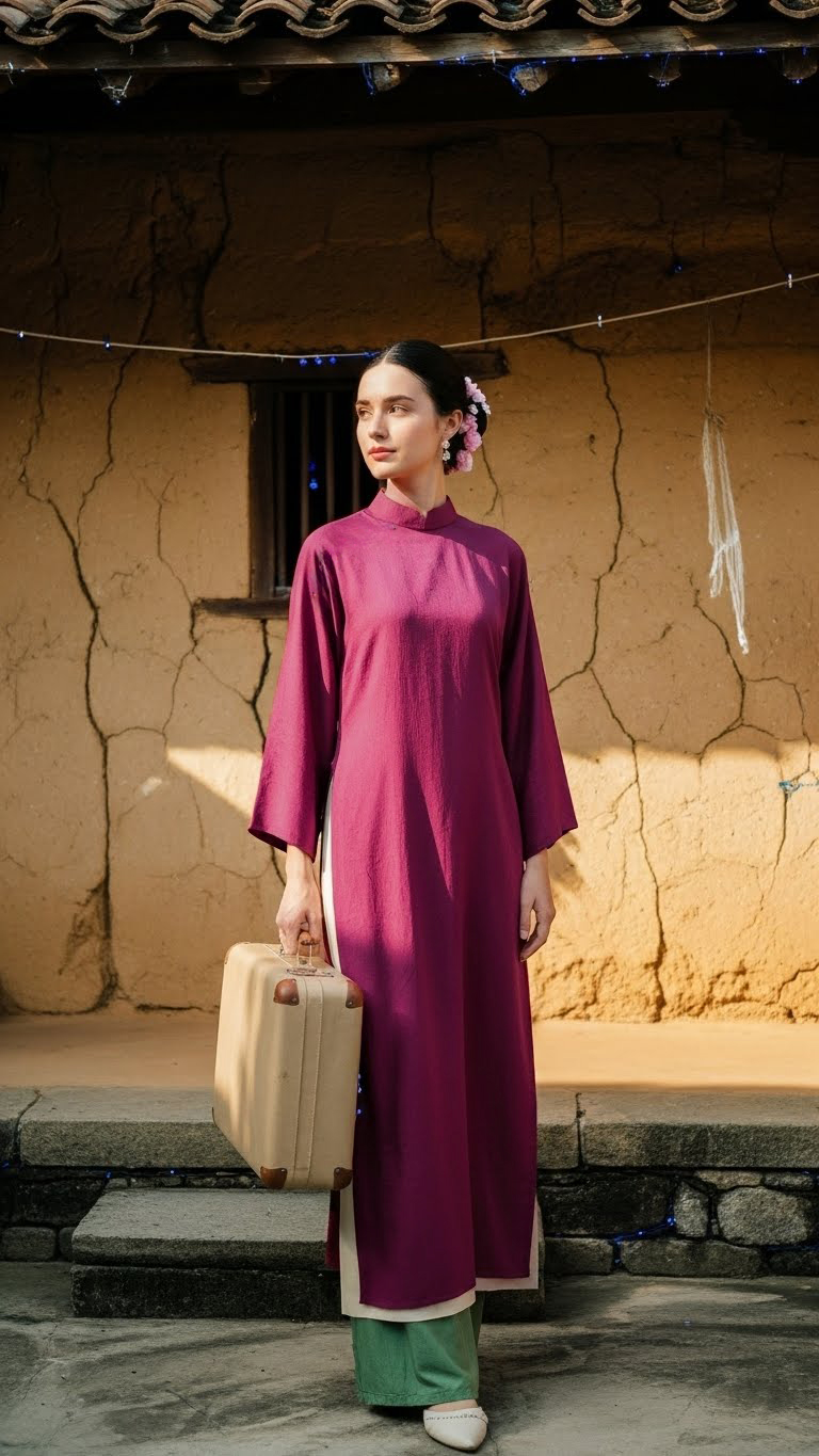 Áo dài tím tằm óng TRALI 25900