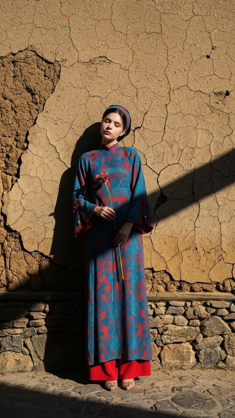 Áo dài lụa xanh dương quần đỏ TRALI 25903