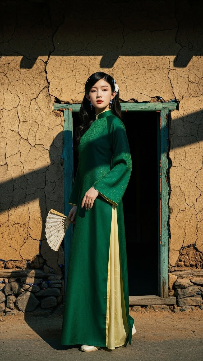 Áo dài tằm kim cương xanh lá quần trắng TRALI 25904