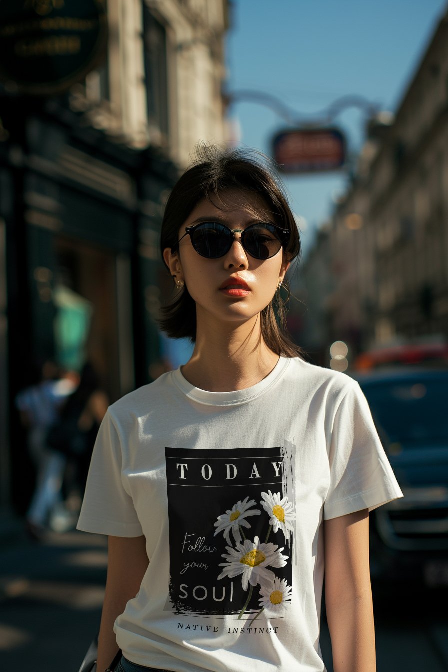 Áo Thun Nữ TRALI 24437 Màu Trắng Hoa Cúc