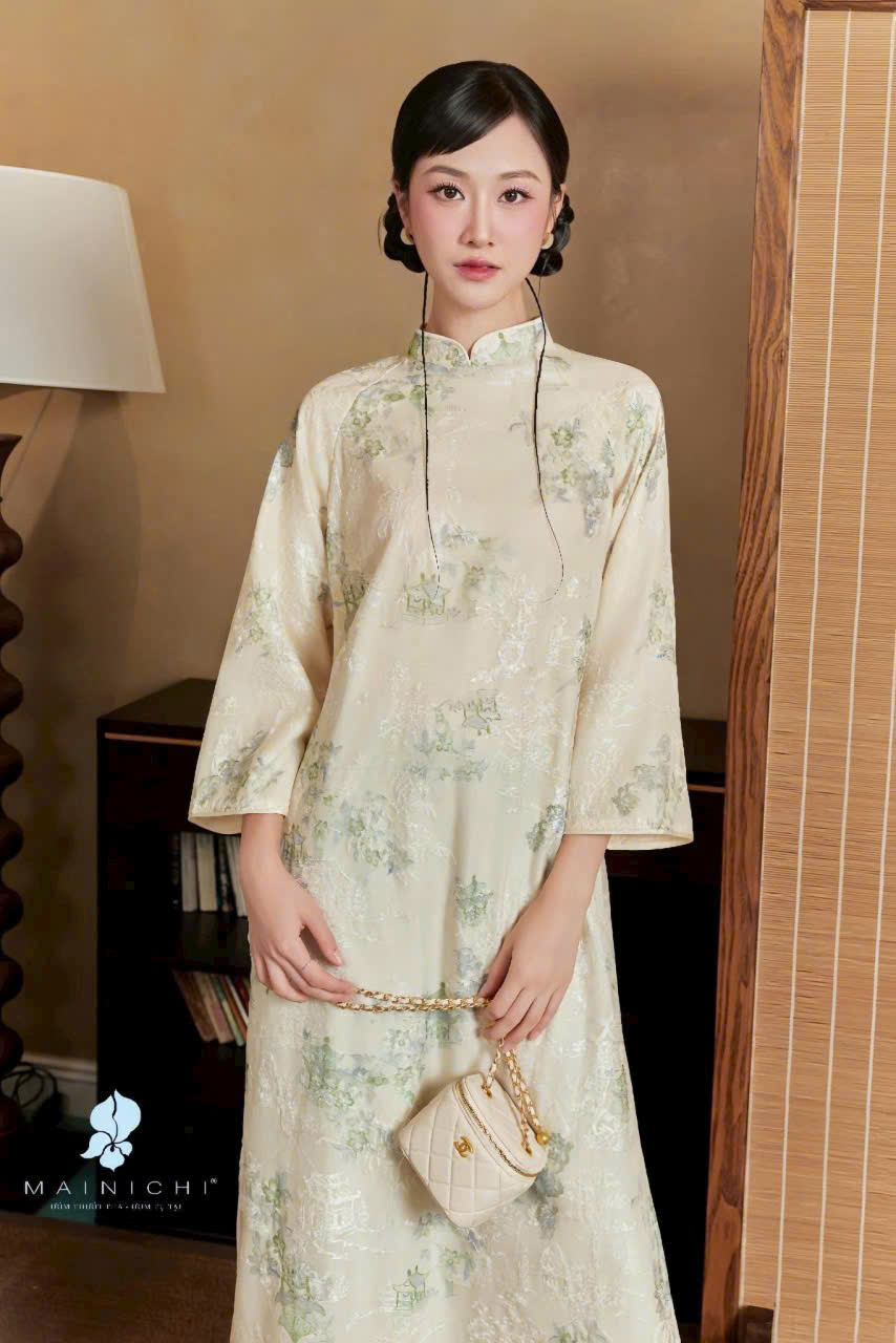 Áo dài kem quần xanh TRALI 25901