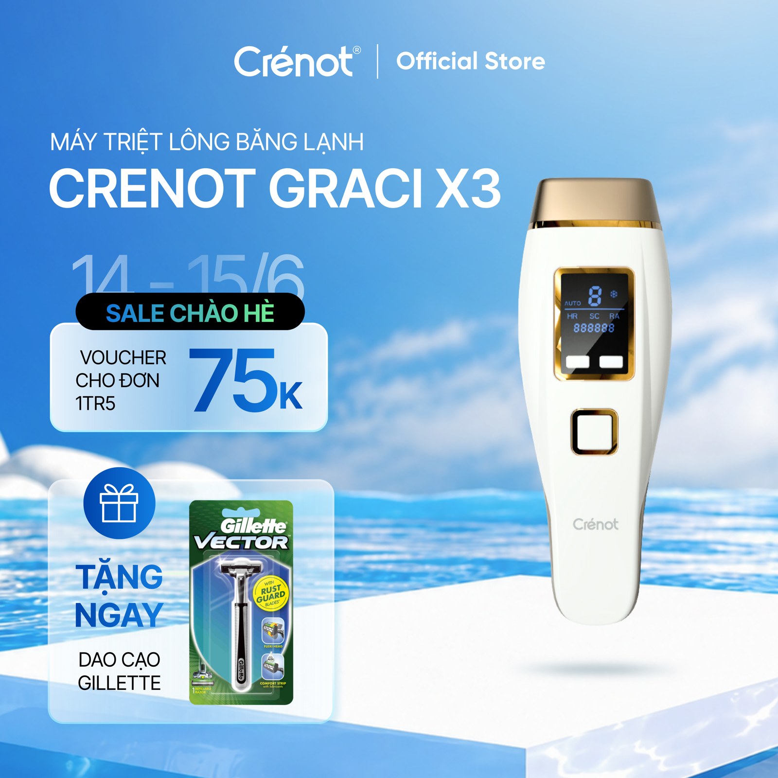Máy triệt lông mini vĩnh viễn Crenot Graci X3 tẩy lông lạnh bikini