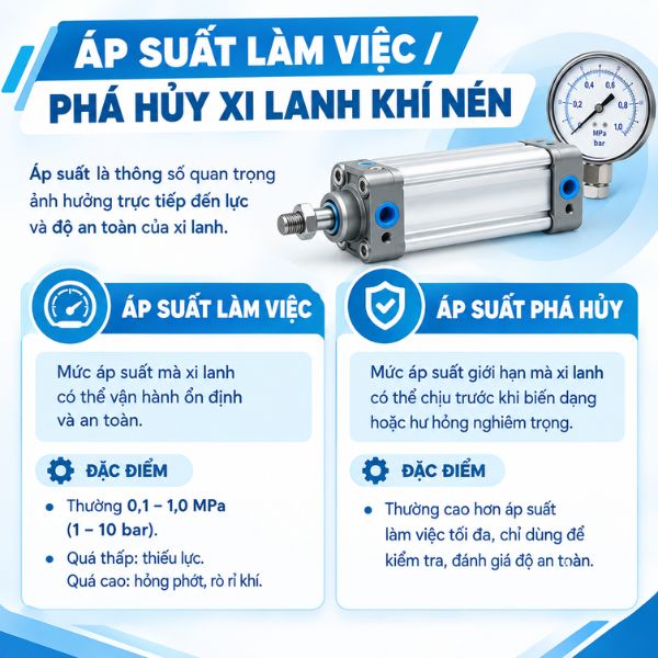 Áp suất làm việc / phá hủy xi lanh khí nén