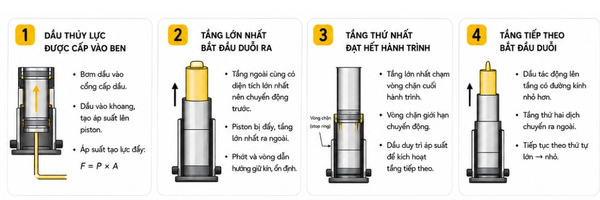 Nguyên lý hoạt động của ben thuỷ lực nhiều tầng
