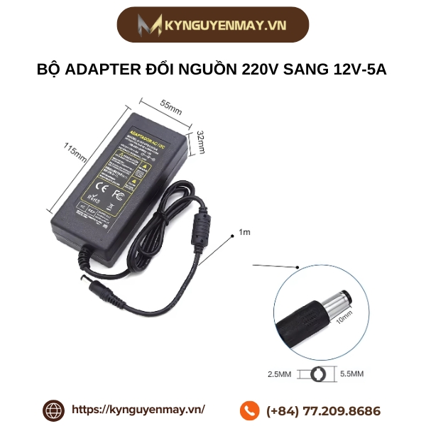Kích thước chi tiết Adapter nguồn 12V-5A'