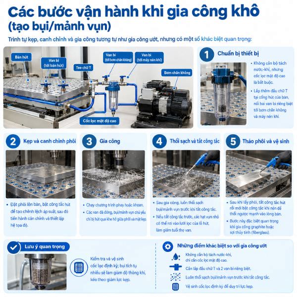 Các bước vận hành khi gia công khô (tạo bụi/mảnh vụn)