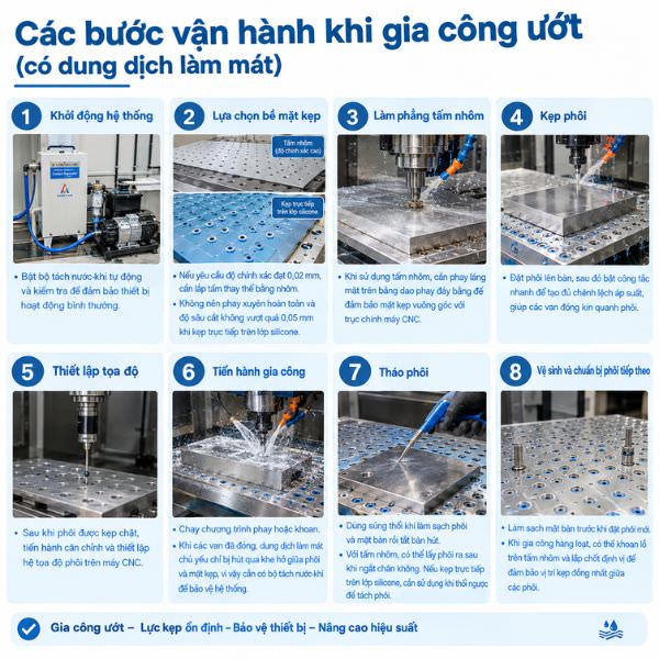 Các bước vận hành khi gia công ướt (có dung dịch làm mát)