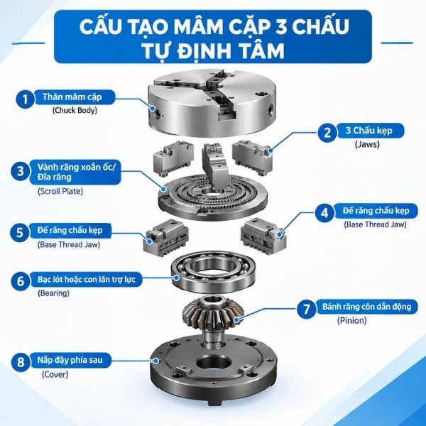 Cấu tạo mâm cặp 3 chấu tự định tâm
