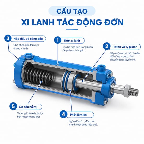 Cấu tạo xi lanh tác động đơn