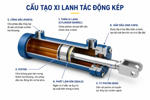 Cấu tạo của xi lanh tác động kép