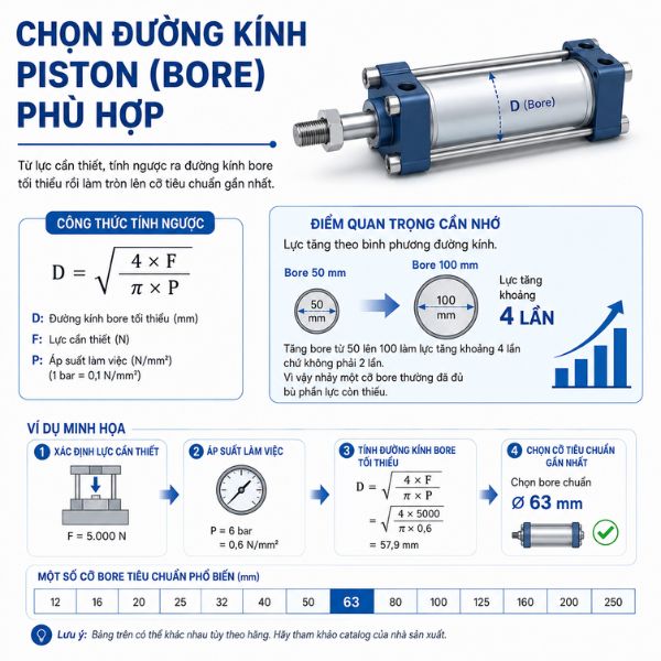 Chọn đường kính piston (Bore) phù hợp