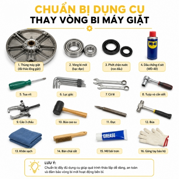 Chuẩn bị dụng cụ để thay thế bạc đạn 