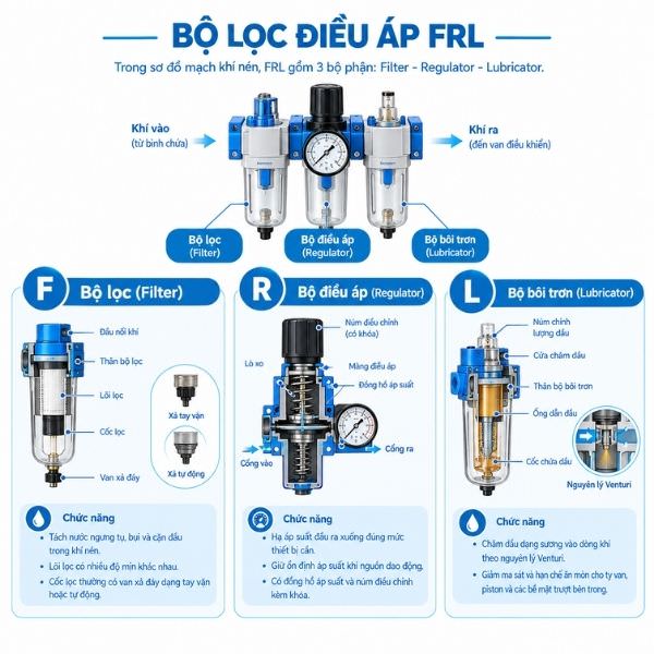 Bộ lọc điều áp FRL trong sơ đồ mạch khí nén