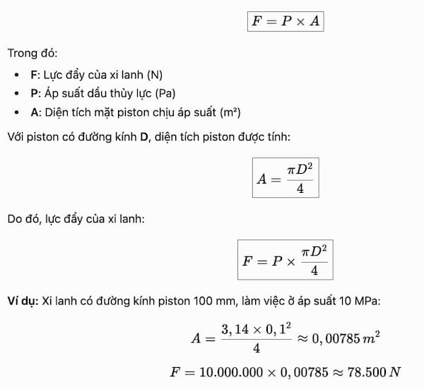 Công thức tính lực đẩy của xilanh thủy lực