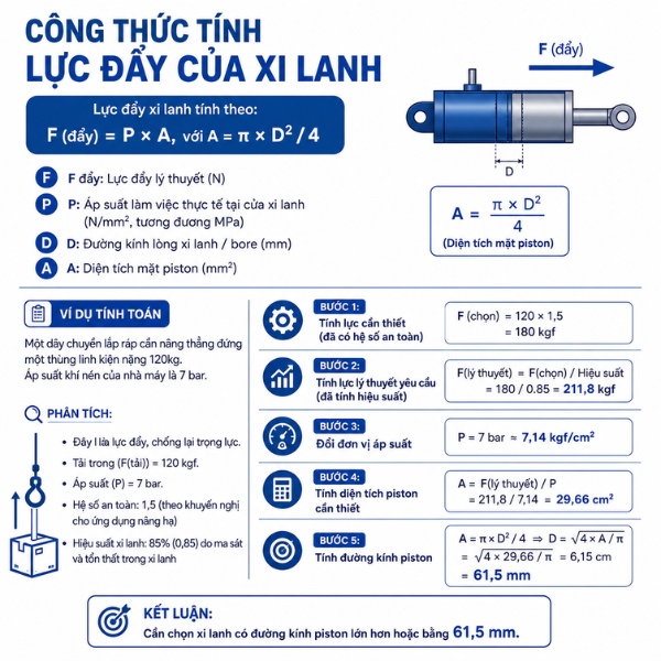 Công thức tính lực đẩy xi lanh và ví dụ thực tế