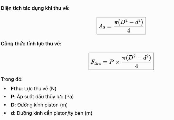 Công thức tính lực thu về của xilanh thủy lực