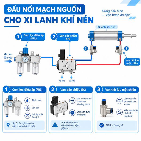 Đấu nối mạch nguồn cho xi lanh khí nén