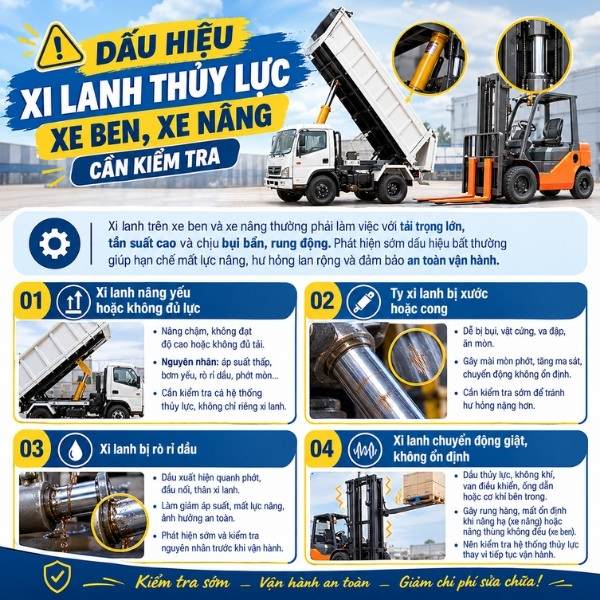 Dấu hiệu xi lanh thủy lực xe ben, xe nâng cần kiểm tra