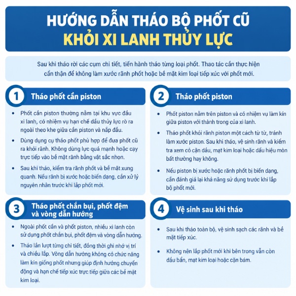 Hướng dẫn tháo bộ phốt cũ khỏi xi lanh thủy lực