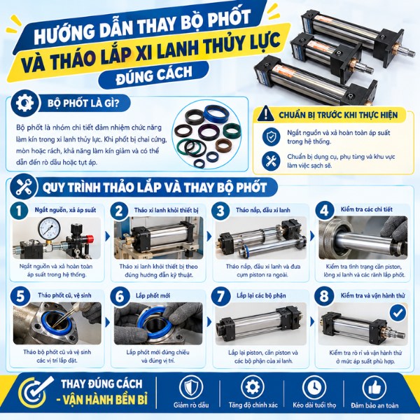 Hướng dẫn thay bộ phốt và tháo lắp xi lanh thủy lực đúng cách