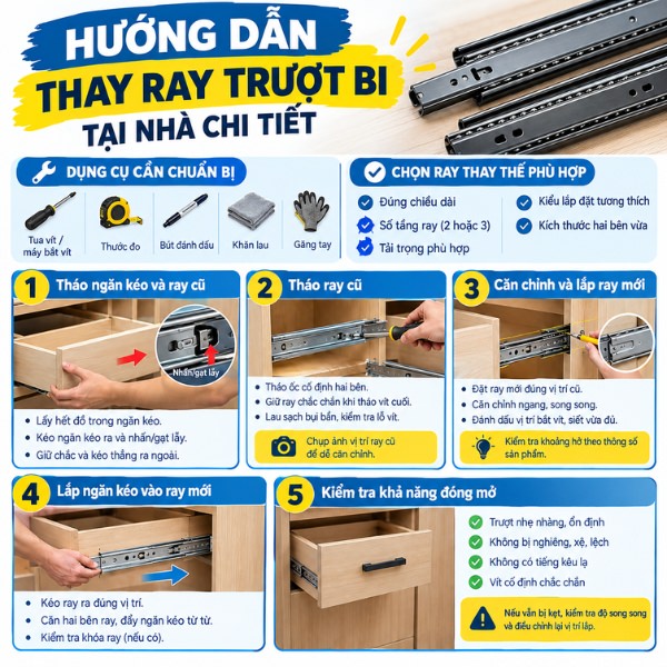 Hướng dẫn thay ray trượt bi tại nhà chi tiết