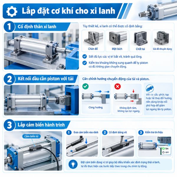 Thực hiện lắp xi lanh lên bệ máy
