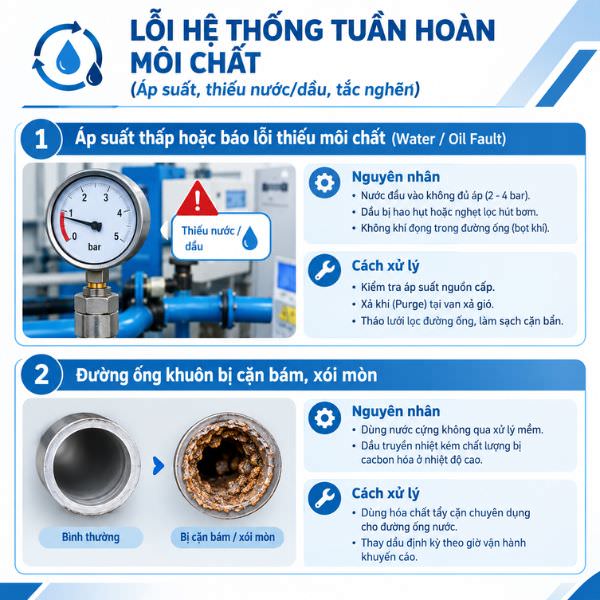 Lỗi hệ thống tuần hoàn môi chất (Áp suất, thiếu nước/dầu, tắc nghẽn)