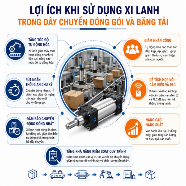 Lợi ích khi sử dụng xi lanh trong dây chuyền đóng gói và băng tải