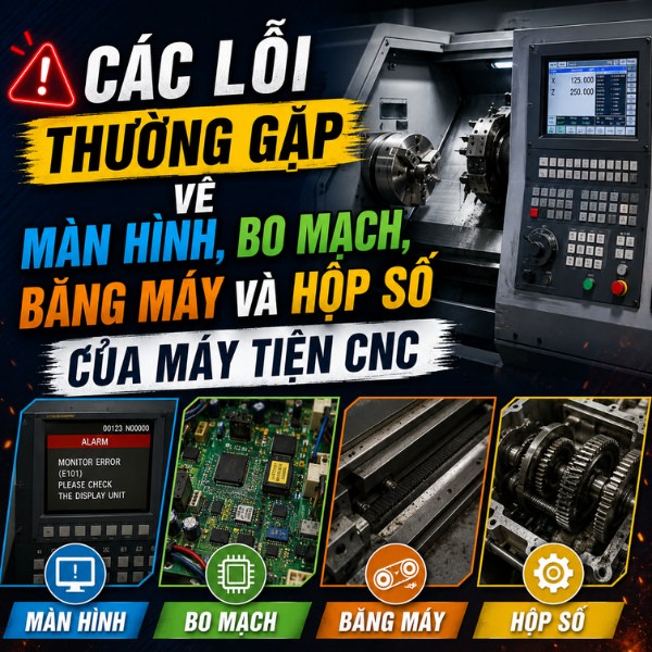 Lỗi thường gặp về màn hình, bo mạch, băng máy và hộp số của máy tiện CNC