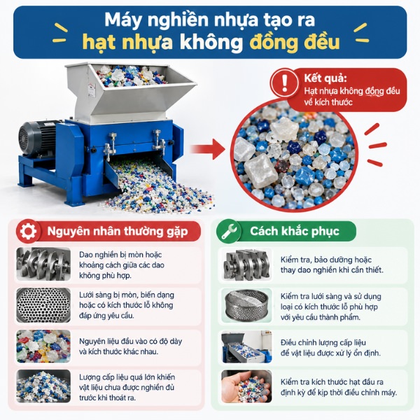 Máy nghiền nhựa tạo ra hạt nhựa không đồng đều