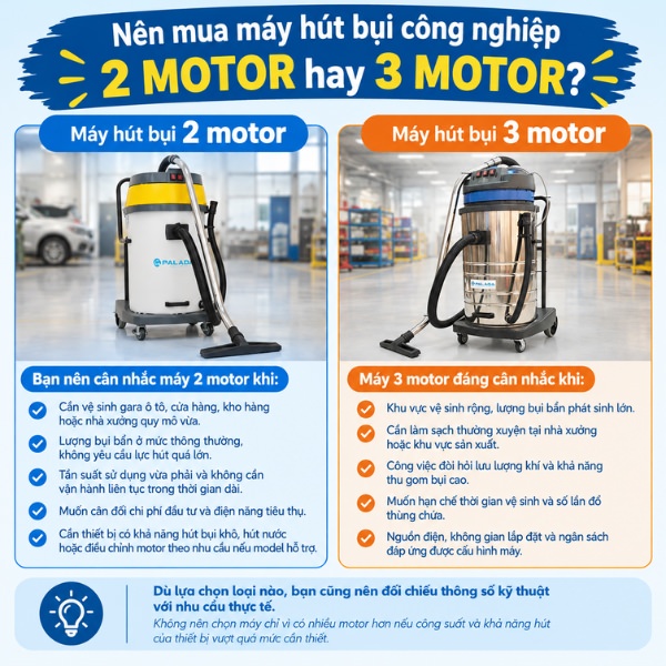 Nên mua máy hút bụi công nghiệp 2 motor hay 3 motor?