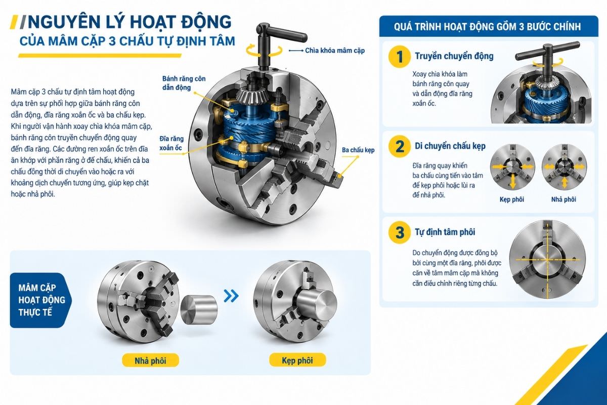 Nguyên lý hoạt động của mâm cặp 3 chấu tự định tâm