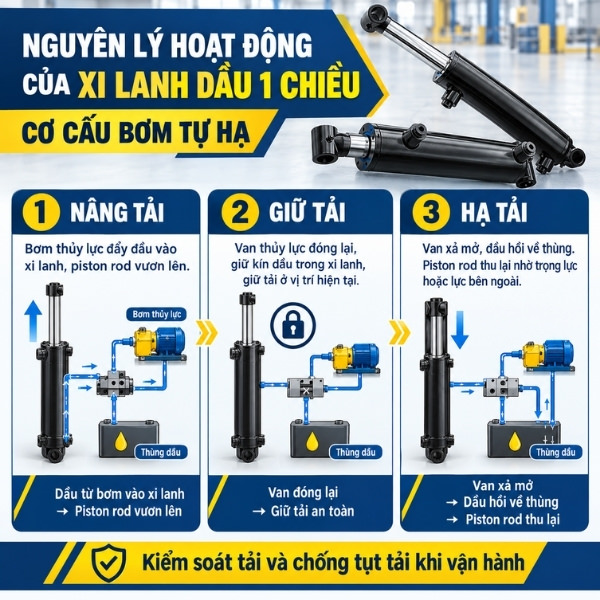 Nguyên lý hoạt động của xi lanh dầu 1 chiều cơ cấu bơm tự hạ