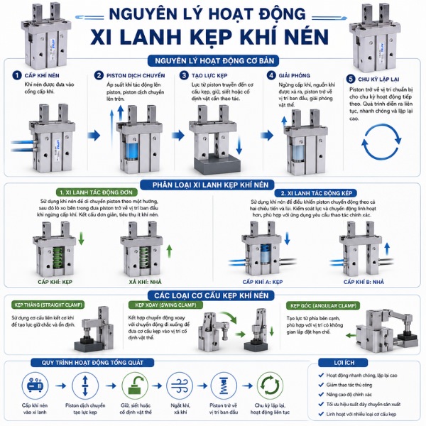 Nguyên lý hoạt động của xi lanh kẹp khí nén