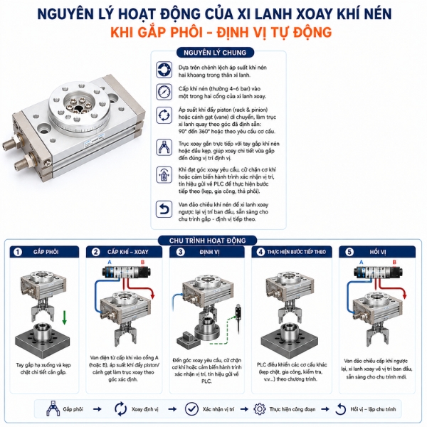 Nguyên lý hoạt động của xi lanh xoay khí nén khi gắp phôi - định vị tự động