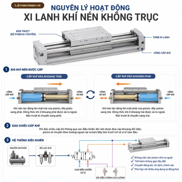 Nguyên lý hoạt động xi lanh khí nén không trục