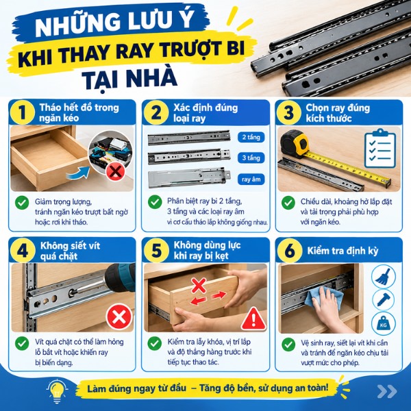 Những lưu ý khi thay ray trượt bi tại nhà