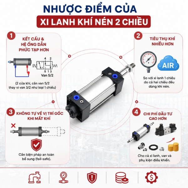 Nhược điểm của xi lanh khí nén 2 chiều