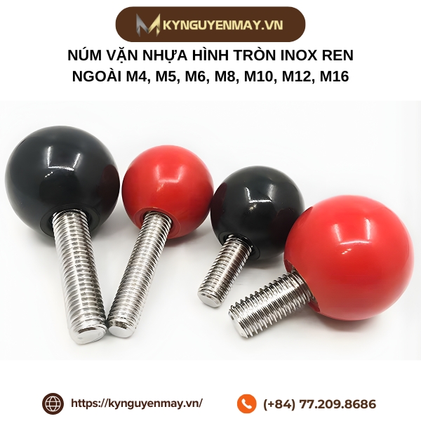 Núm vặn nhựa hình tròn inox ren ngoài M4, M5, M6, M8, M10, M12, M16