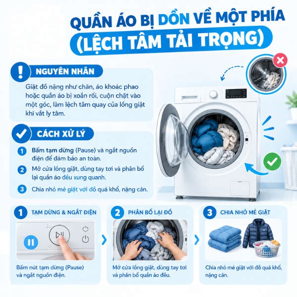 Quần áo bị dồn về một phía (Lệch tâm tải trọng)