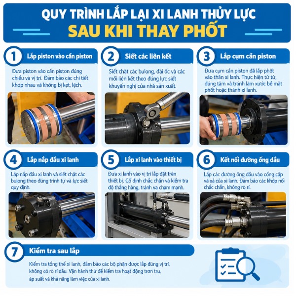 Quy trình lắp lại xi lanh thủy lực sau khi thay phốt
