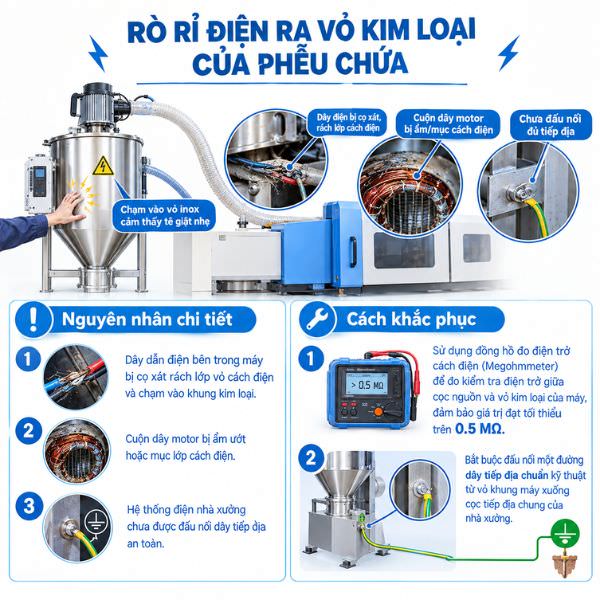 Rò rỉ điện ra vỏ kim loại của phễu chứa