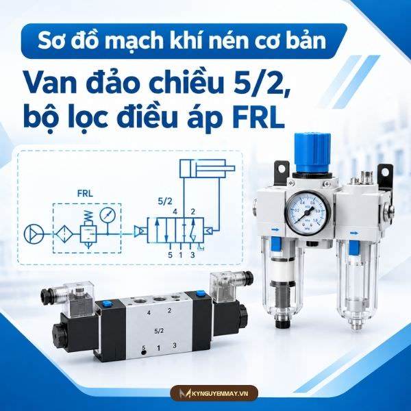 Sơ đồ mạch khí nén cơ bản - Van đảo chiều 5/2, bộ lọc điều áp FRL